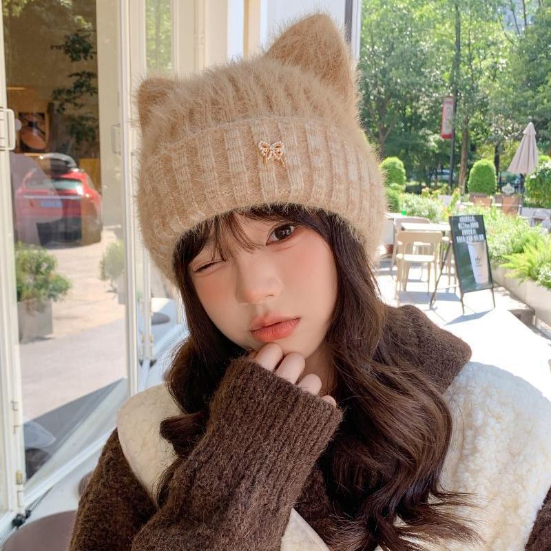 

Cute Cat Ears Wool Hat Women s Autumn and Winter New Thick Warmth Outdoor Cold Proof Versatile Knitted Hat average size
