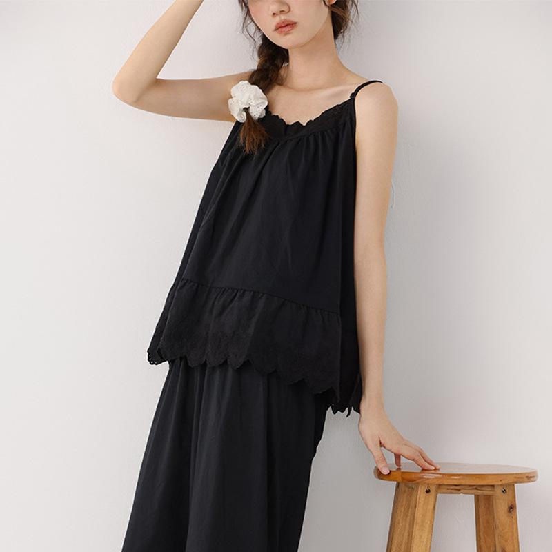 

Летние топы Johnature на тонких бретельках, винтажные японские однотонные повседневные универсальные женские топы с вырезами One Size чёрный