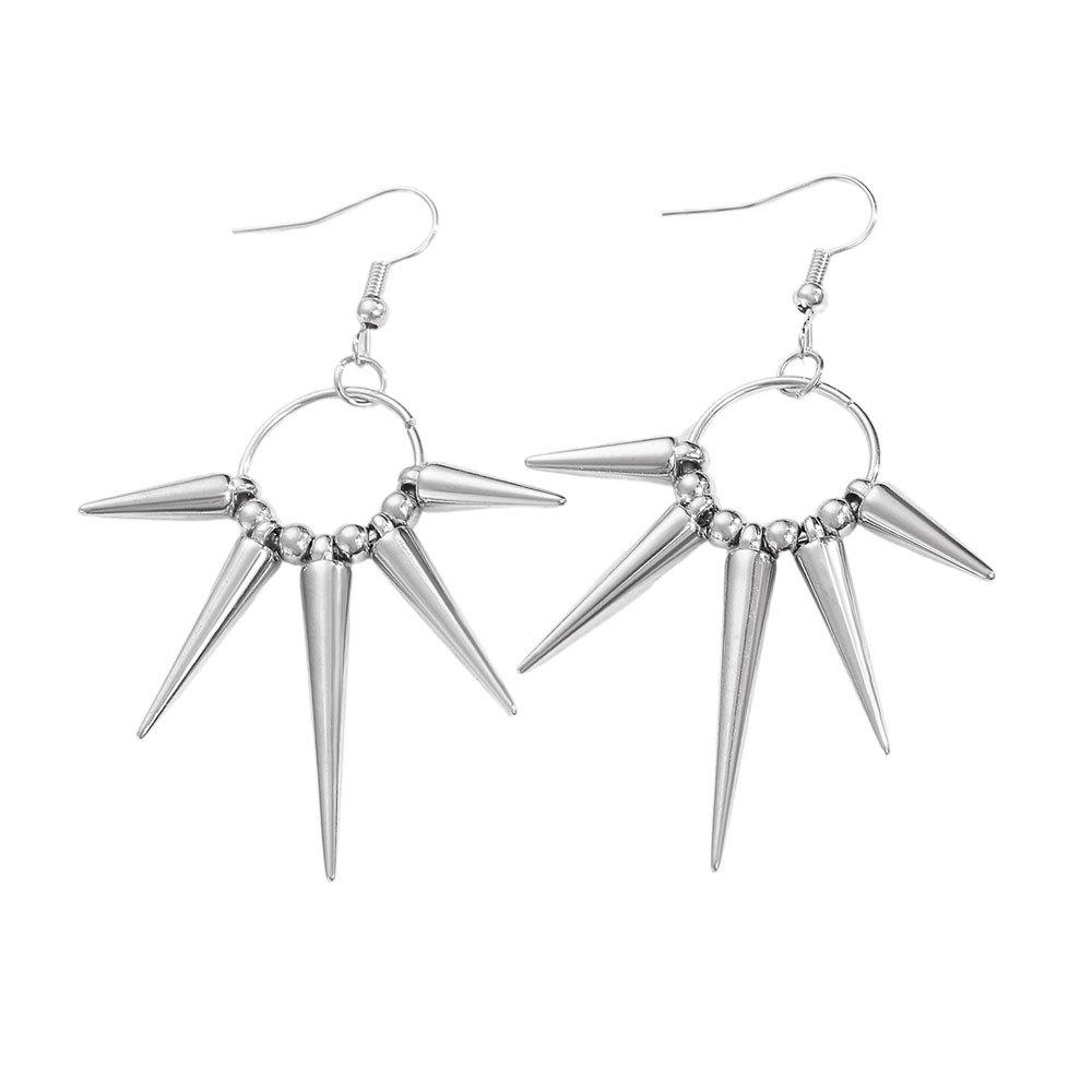 Silver Tone Spike & Black Bead Hoop Earrings, Gothic Punk Rock Rivet Drop Earrings for Women