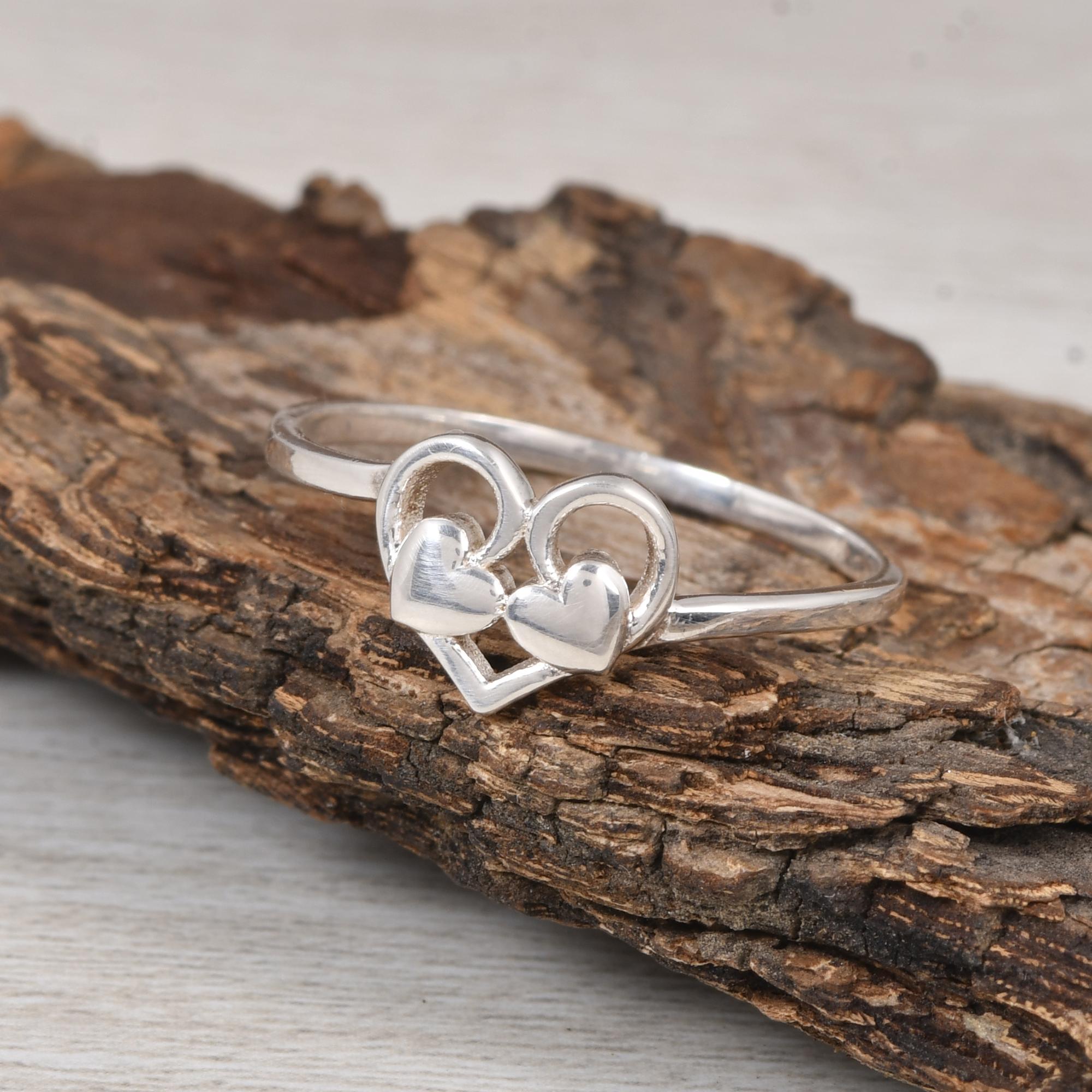 Double Heart Silver Ring, 925 Sterling Silver Minimalist Love Ring, Open Heart Design Dainty Ring Gift for Her. 5