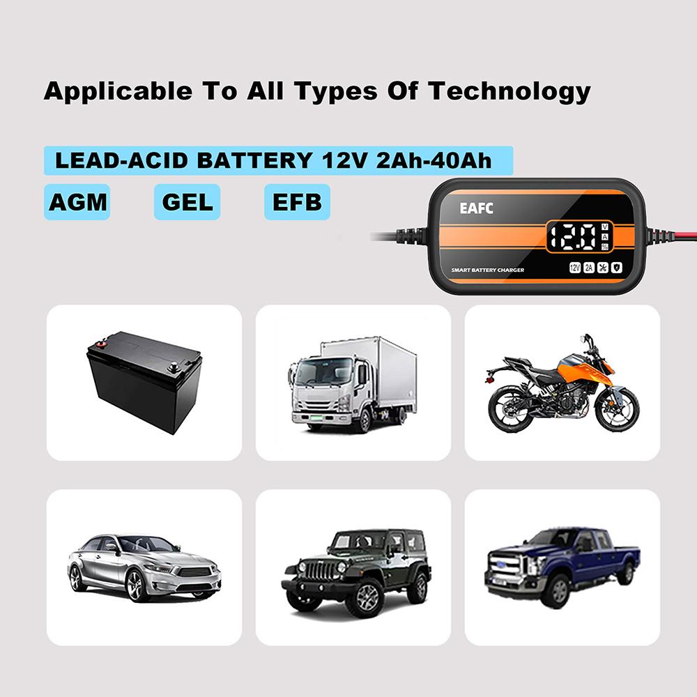 Chargeur de Batterie de Voiture 12V 2A Portable avec Affichage Numérique Charge Rapide Accessoires de Voiture Outil de Réparation d'Impulsion pour Moto Camion Auto