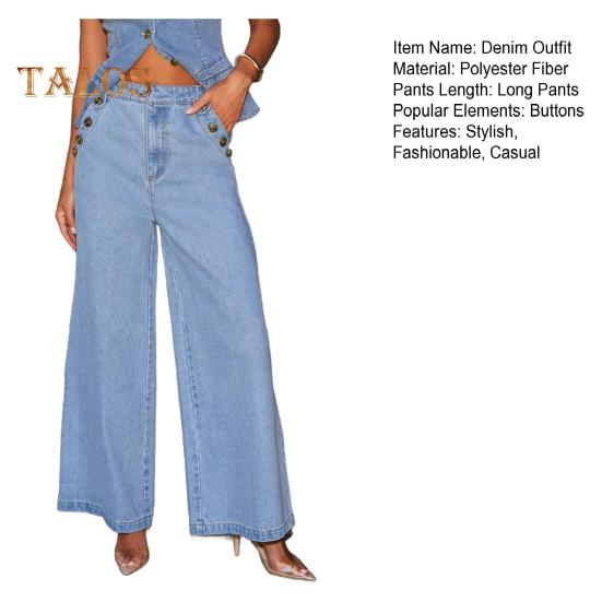 Women's Denim Outfits Sleeveless Casual Button Down Sleeveless Tank Top Vest High Waist Wide Leg Jean Pants