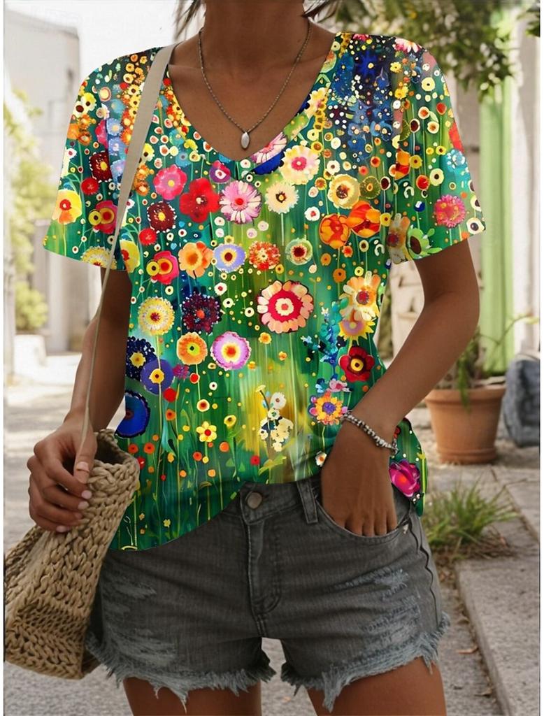 Καλοκαιρινό Γυναικείο T-Shirt Με Φλοράλ Γραφικό Φυτά Βίντατζ Τροπικό Χαβανέζικο Κοντομάνικο V-Neck Κανονικά Τοπ Καθημερινό Με Σχέδιο Ανοιξιάτικα T-Shirts