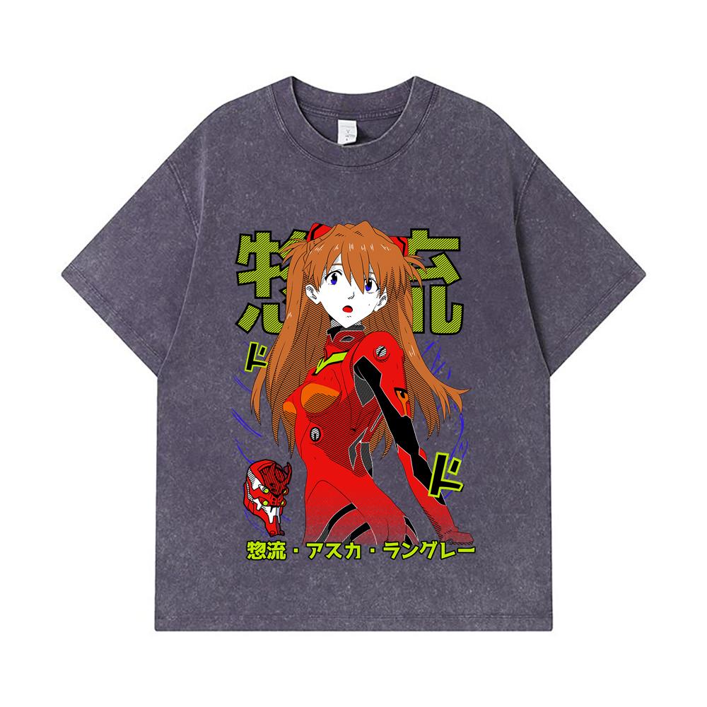 275 GSM Washed T-shirts 100% Cotton Evangelion V10 Asuka Print Unisex Heavy Cotton T Shirt