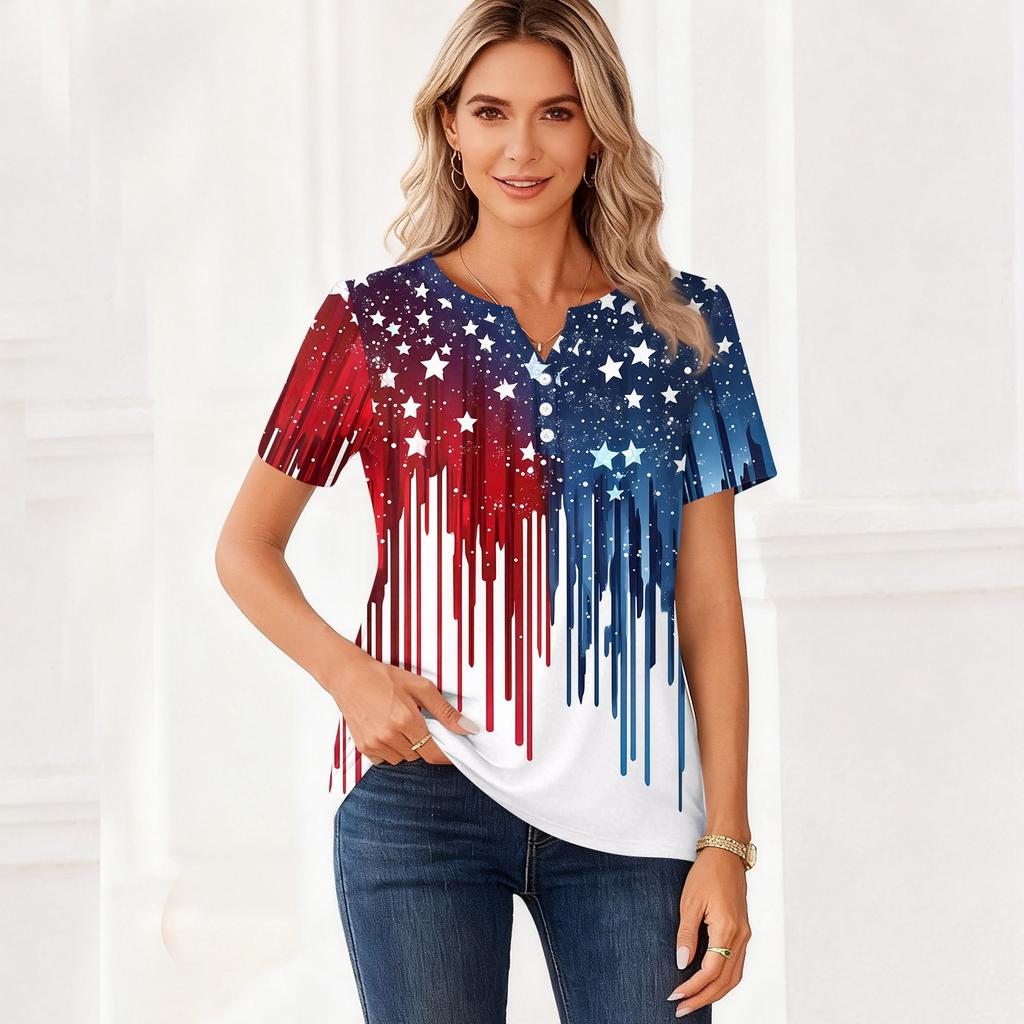 Damska koszulka z nadrukiem na Dzień Niepodległości, z krótkim rękawem, z guzikami, na co dzień, na weekend, w modnym, prostym kroju, z dekoltem w serek, regularna