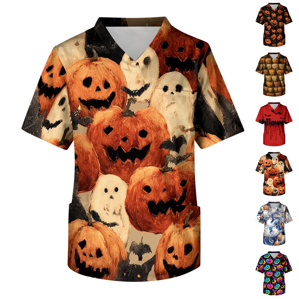Men's V Neck Halloween Print Scrub Top with Chest Pocket and Two Front Pockets for Healthcare Professionals Workwear
