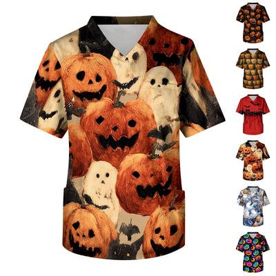 Men's V Neck Halloween Print Scrub Top with Chest Pocket and Two Front Pockets for Healthcare Professionals Workwear