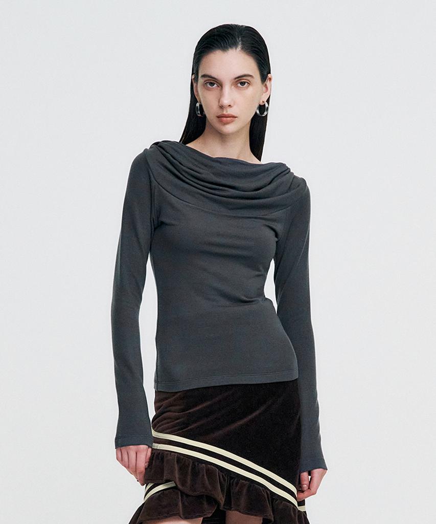 Cowl Neck Soft Slim Hoodie _ Charcoal