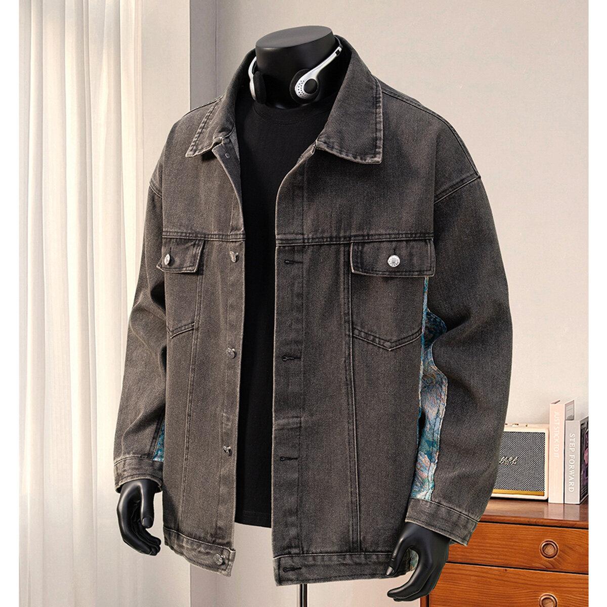 

2026 Autumn Men Vintage Denim Jackets Fashion Men Printed Jacket Men Square Collar Plaid Jacket Male Hip Hop Harajuku Outwear M сірий