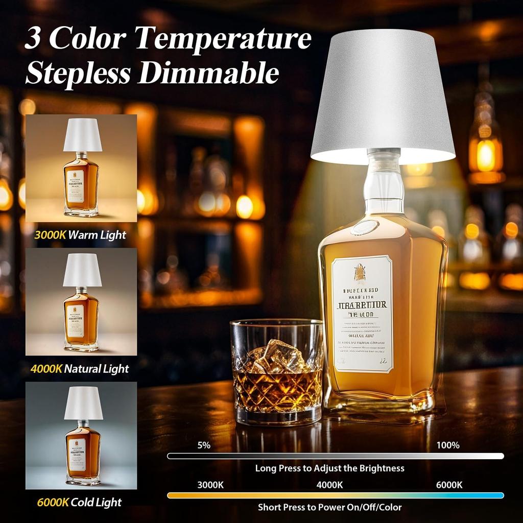 Wireless Bottle Lamp Shade White - Portable LED Wine Bottle Lamp with Stopper, 3 Color Stepless Dimming Rechargeable Touch Wine Bottle Lights for Any