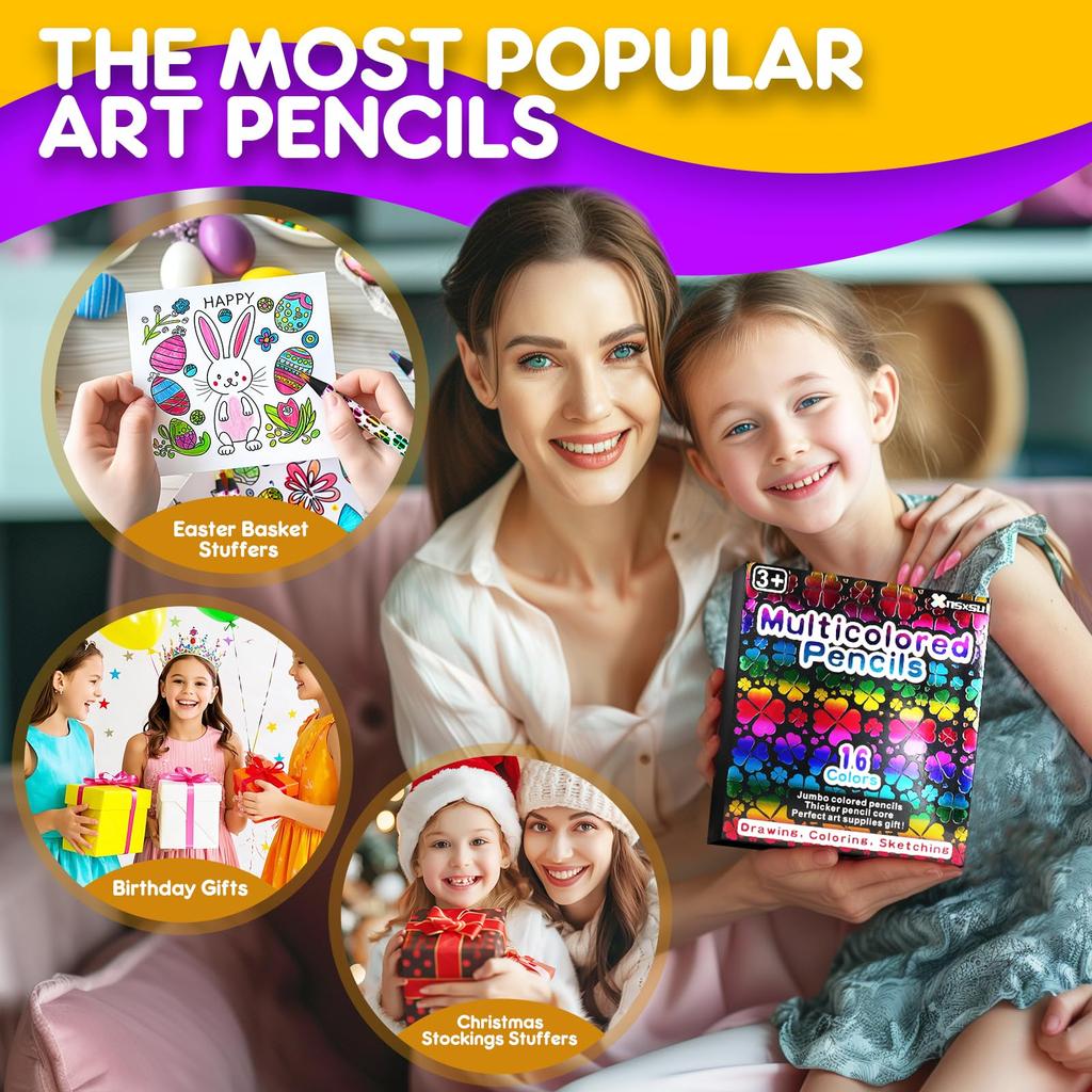 nsxsu Easter Basket Stuffer for Teens 16 Colors Jumbo Rainbow Colored Pencils for Kids Adults Rainbow Pencils Art Supplies Multicolor Pencil Gifts