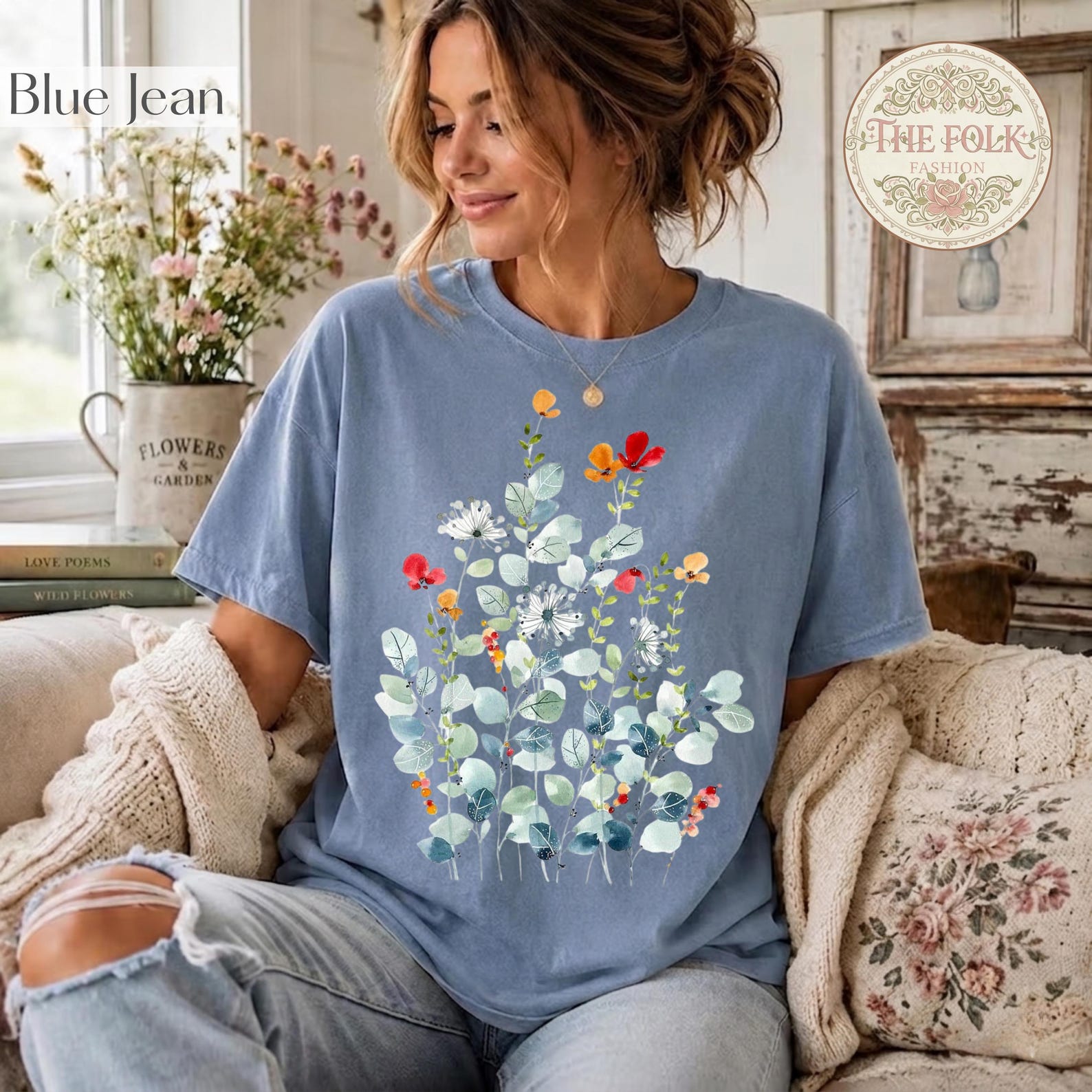 Eucalyptus Wildflower Shirt, Cottagecore Botanical Tee, Vintage Floral Graphic T-shirt, Comfort Colors, Plant Mom Shirt, Folk Art Shirt L