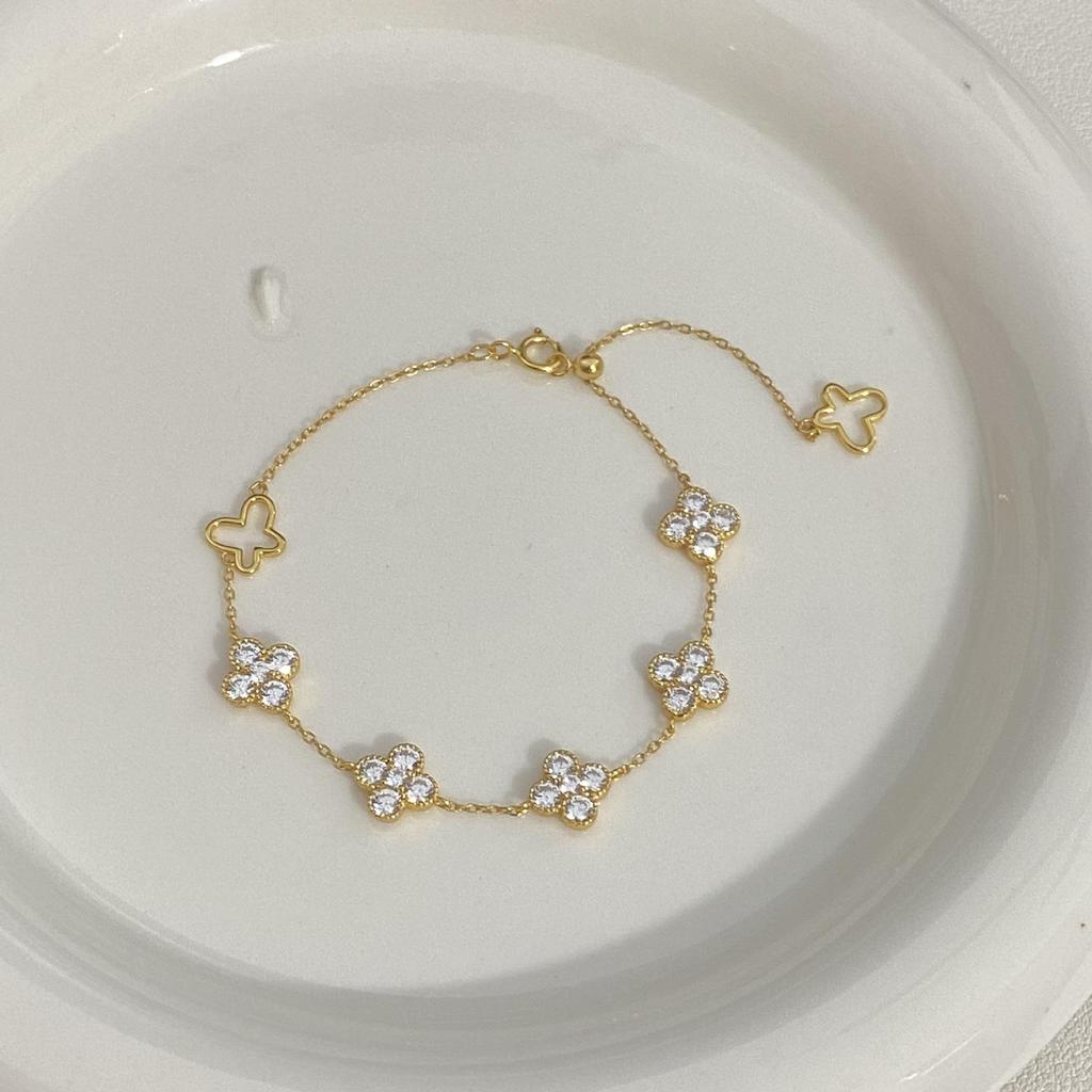 18K Gold-Plated 925 Sterling Silver Butterfly & Four-Leaf Clover Bracelet with Zircon and Flower Design for Women