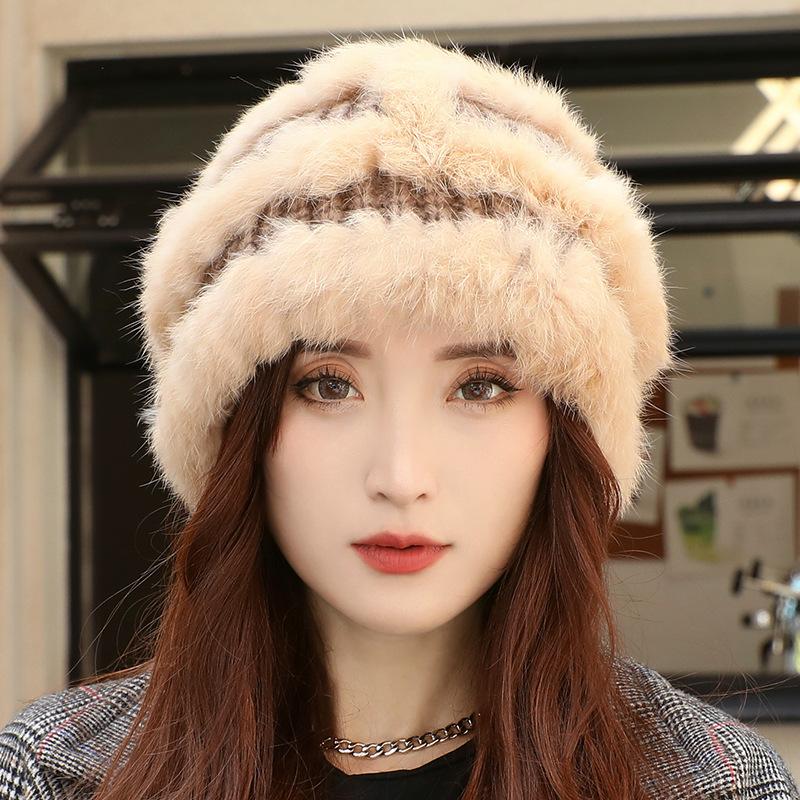 Rabbit Fur Knitted Bucket Hat Women's Autumn and Winter Ear Protection Warm Windproof Wool Hat Winter Hat