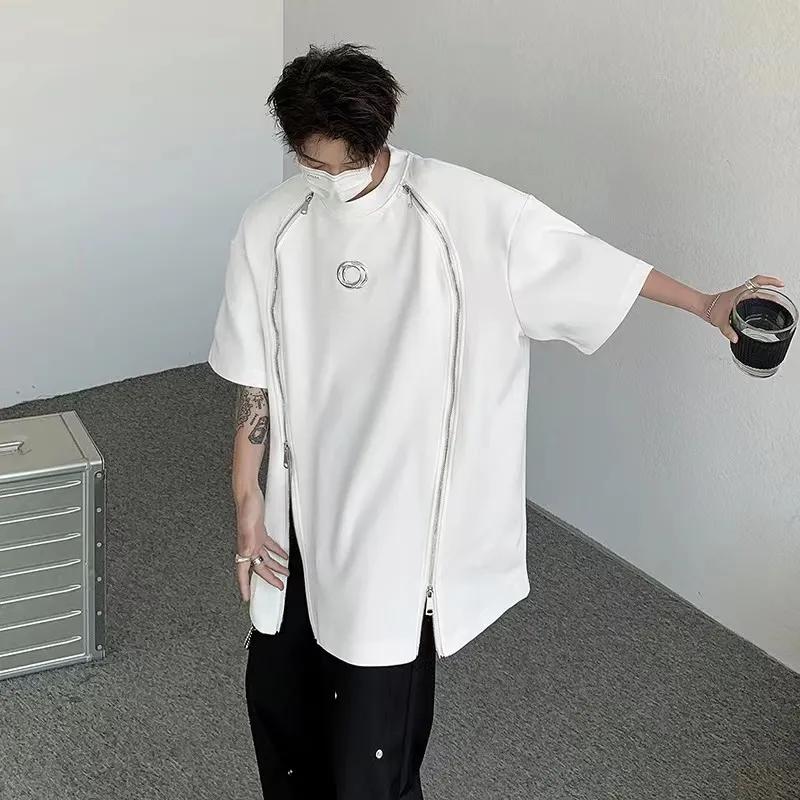 

Men Double Zippers Design Hip Hop T Shirt Punk Causal Tee Shirts High Street Tops 3XL білий