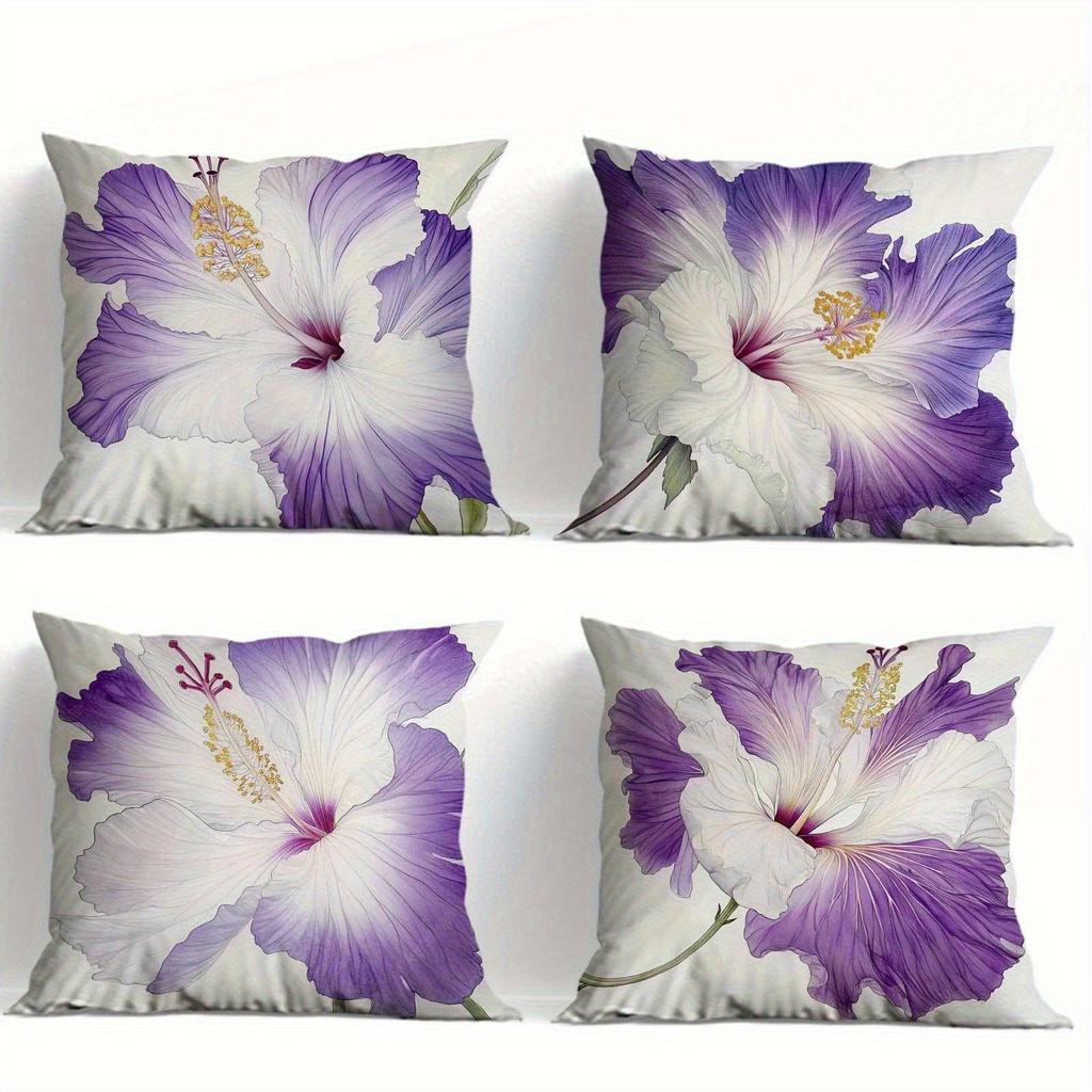 Purple & White Hibiscus Pillowcase: Realistic Floral-Themed Cushion Cover For Home Sofa Decor