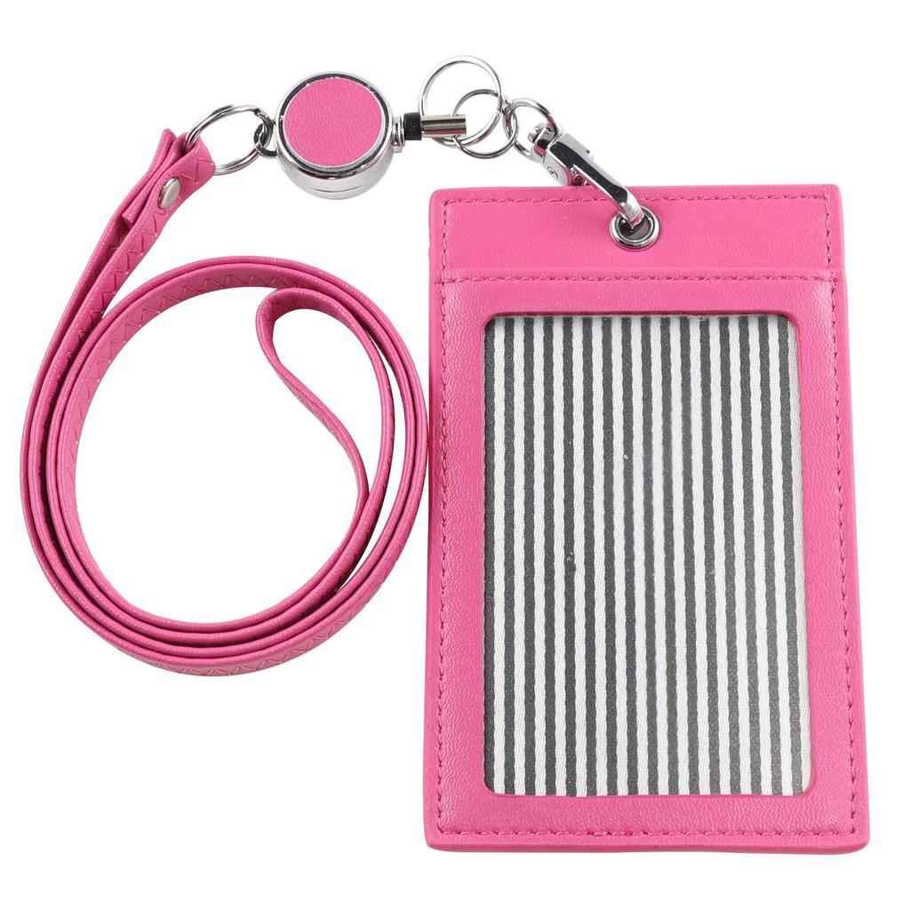 Kaiyusha Extendable Reel-Style Pass Case with Neck Strap, ID Card Case, 3 Pockets, Key Reel Included, for Men and Women (Pink)