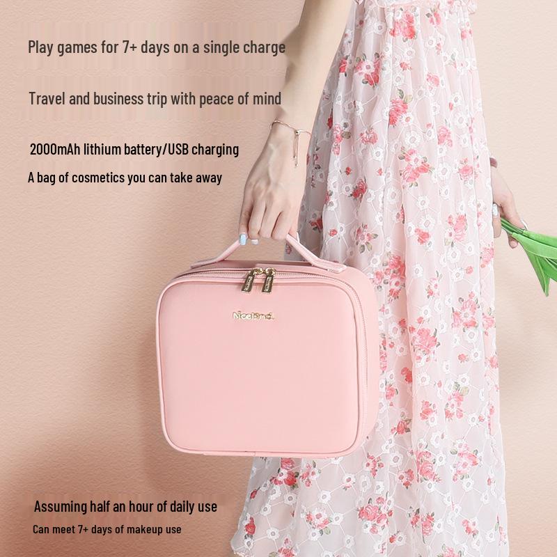 Make-up-Tasche mit großer Kapazität, Spiegel, Licht und herausnehmbaren Trennwänden - Tragbarer Reise-Kosmetikbeutel