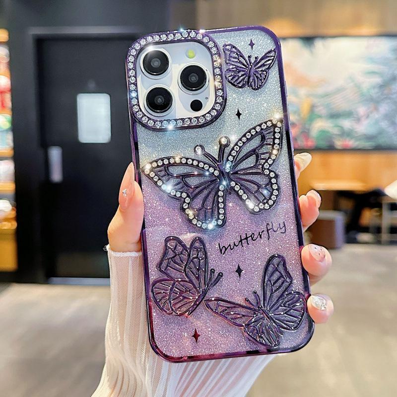 Butterfly Diamond Soft Rubber Phone Case for iPhone 15/16 Pro Max Full Coverage iPhone 15 Plus