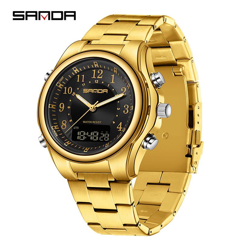 Sanda Men s Waterproof Sports Watch: Steel Band, Multifunctional Luminous Display, Alarm Clock.