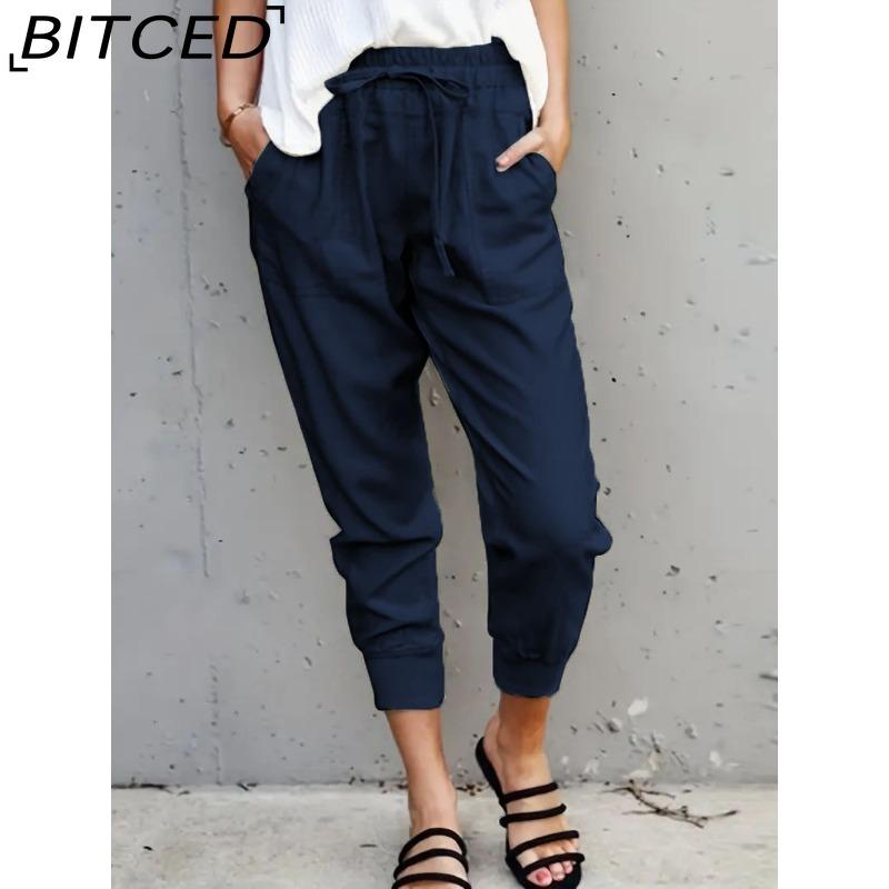 BITCED Summer Women Loose Plus Size Solid Color Simple Lace Up Slim Casual Nine Point Slimming Trousers
