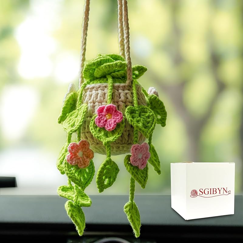 Crochet Hanging Plant for Car,Car Decorations Interior,Plant Strawberry Aesthetic Car Accessories for Women Interior Cute,Car Ornaments Charms for