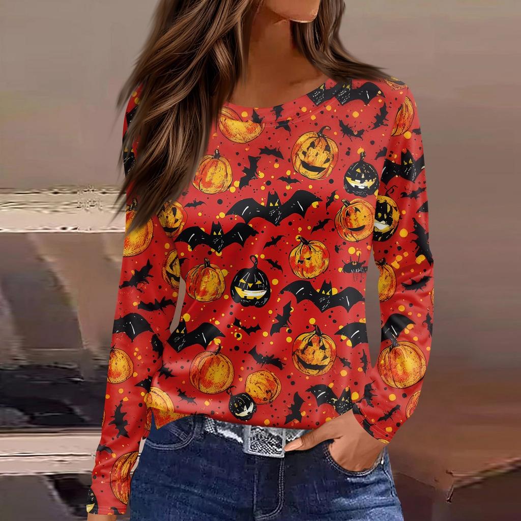Damesmode Casual Split Zoom Ronde Hals Lange Mouw Los Halloween Bedrukt T-shirt Dames Top