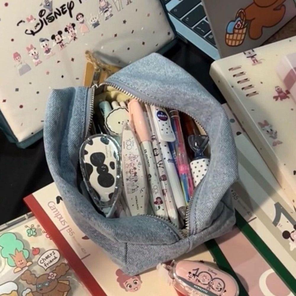 Einfarbige blaue Denim-Kosmetiktasche im koreanischen Stil mit Reißverschluss, rechteckige Vintage-Federtasche zur Aufbewahrung von Schreibwaren für Damen