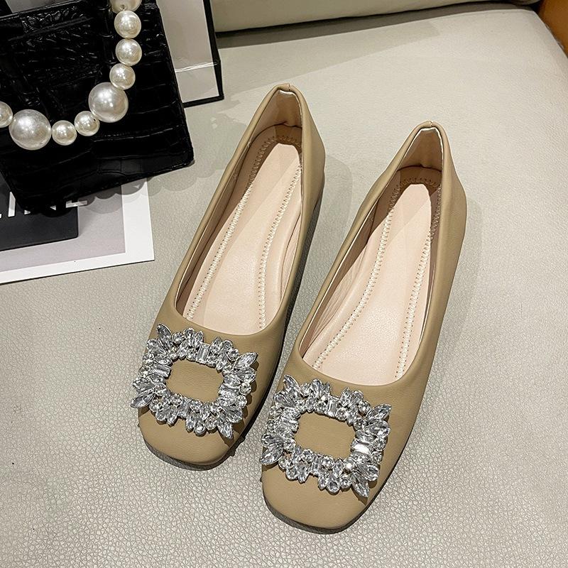 

Весенне-осенние туфли-лодочки с квадратным носком и стразами, 2025, с мелким вырезом, на плоской подошве, Мэри Джейн, новые, универсальные, для通勤, с темпераментом, женские s 40 хаки