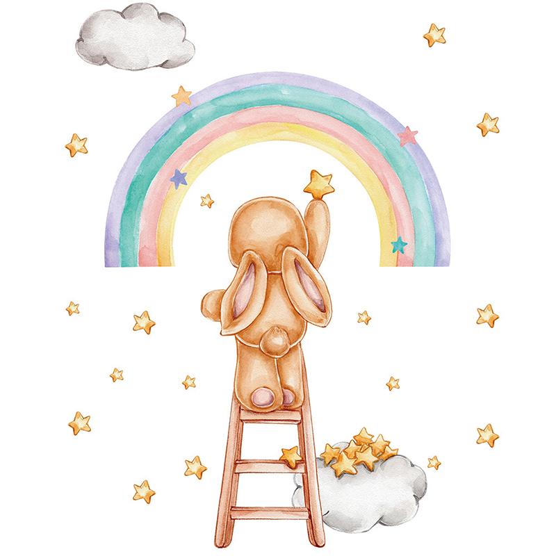 

Cute Rabbit Hand-Painted Rainbow Wall Stickers For Bedroom Nursery Home Decor