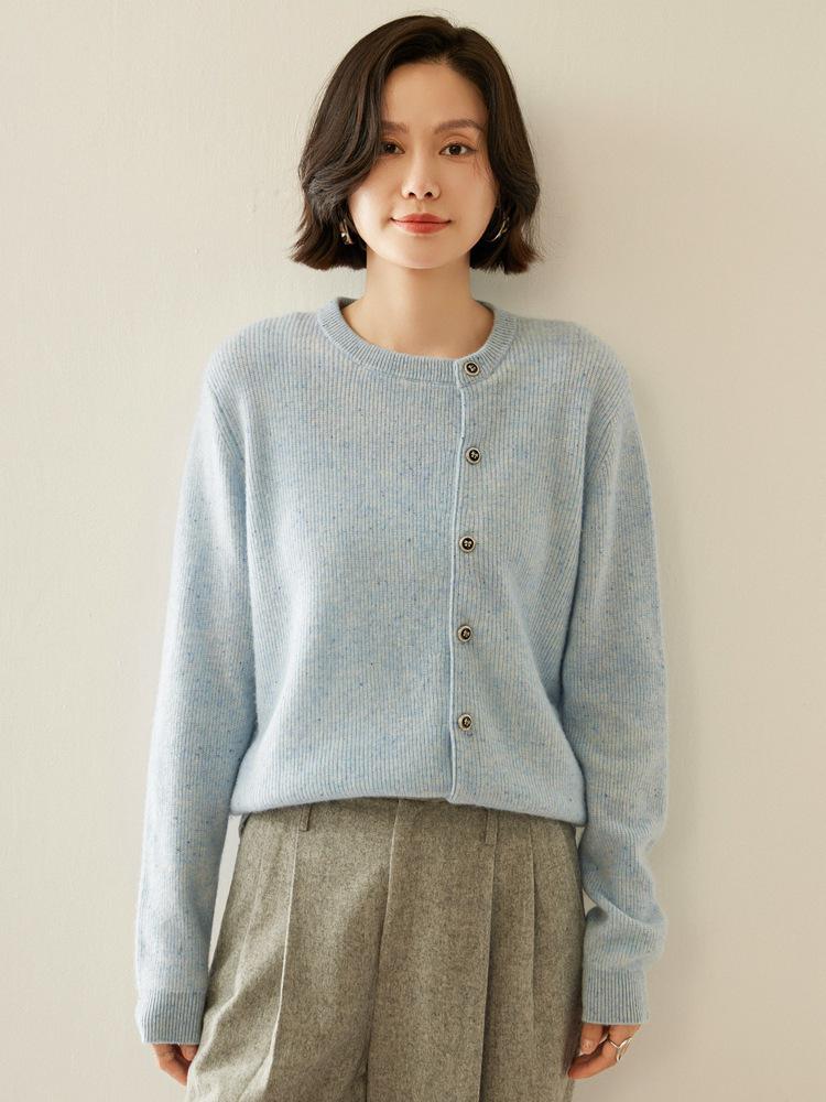 2025 Autumn/Winter Women's Thickened Cashmere Cardigan - Round Neck, Speckled Yarn, Slanted Buttons, Long Sleeve Wool Knit Sweater Coat