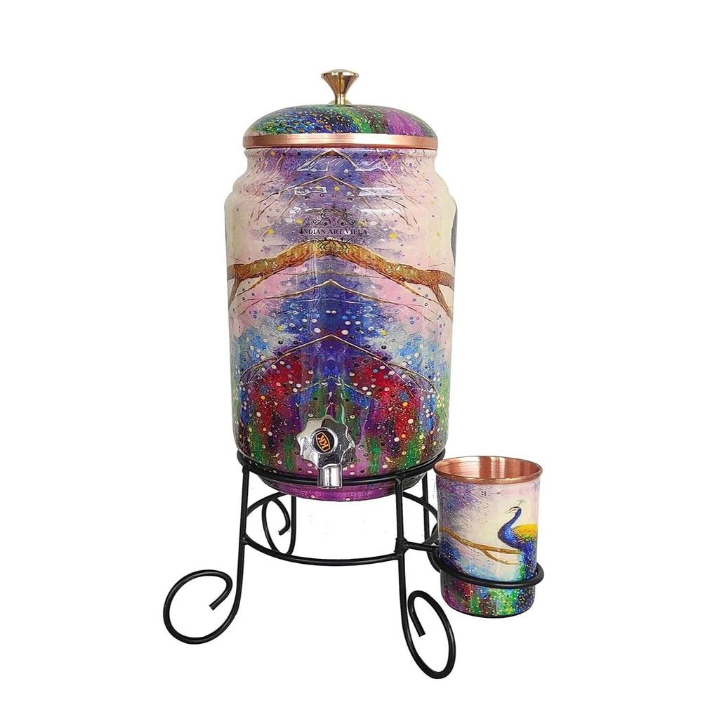 Pure Copper Peacock Printed Design Water Pot Heavy Gauge with Brass Tap & Copper Glass & Stand, Storage & Serving Water, Volume- 5 Liters