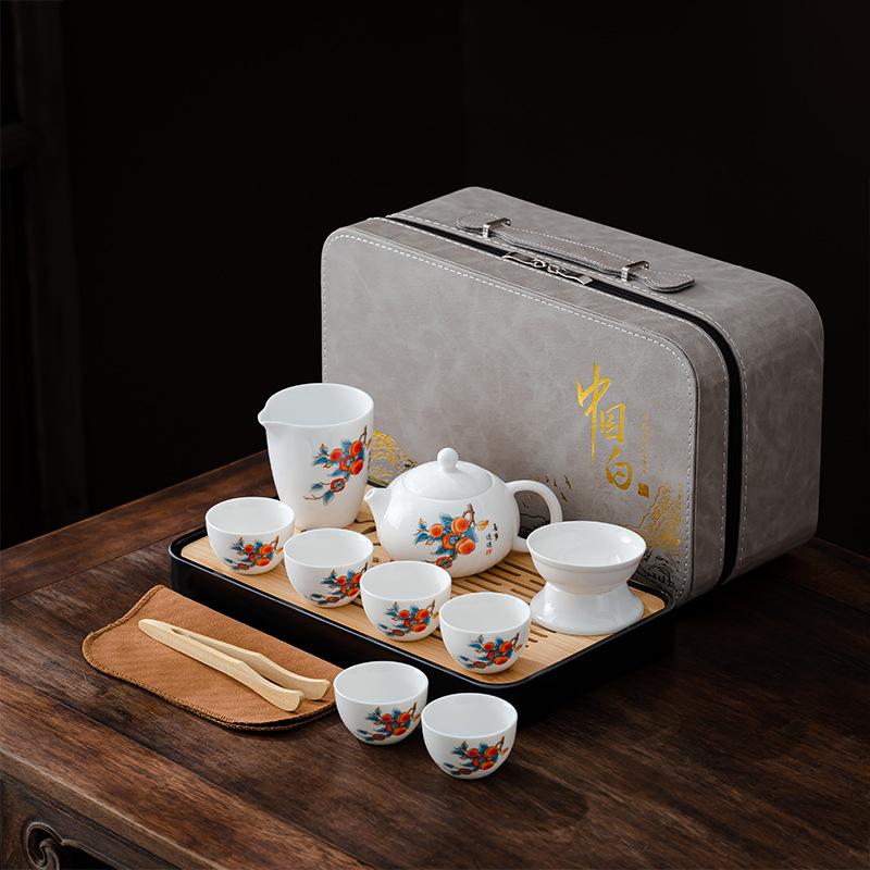 Suet Jade White Porcelain Tea Set Guochao Set Office Storage Kung Fu Tea Set Business Gift Tea Set
