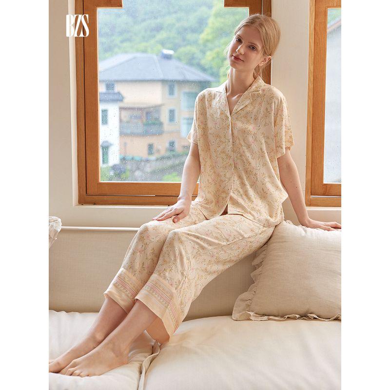 24 New Small Lapel Women Rayon Satin Floral Print Pajamas Set Short sleeve Trousers Can Be Worn outside Homewear
