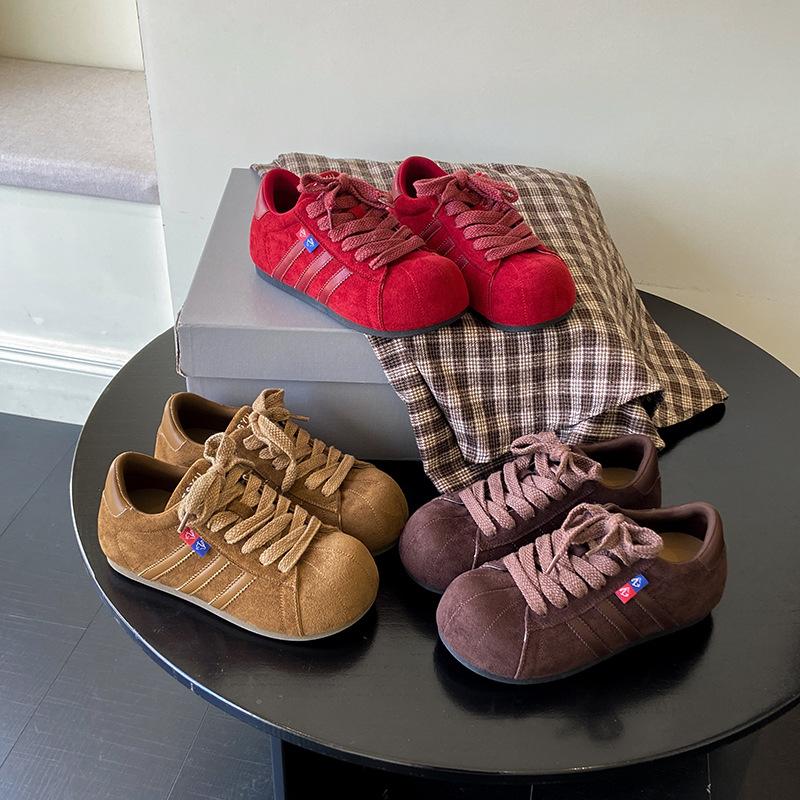 European Matte Red Big Head Lace-up Bread Shoes Casual Board Shoes Thin German Training Shoes Flat Shoes Sports Shoes Women's Shoes