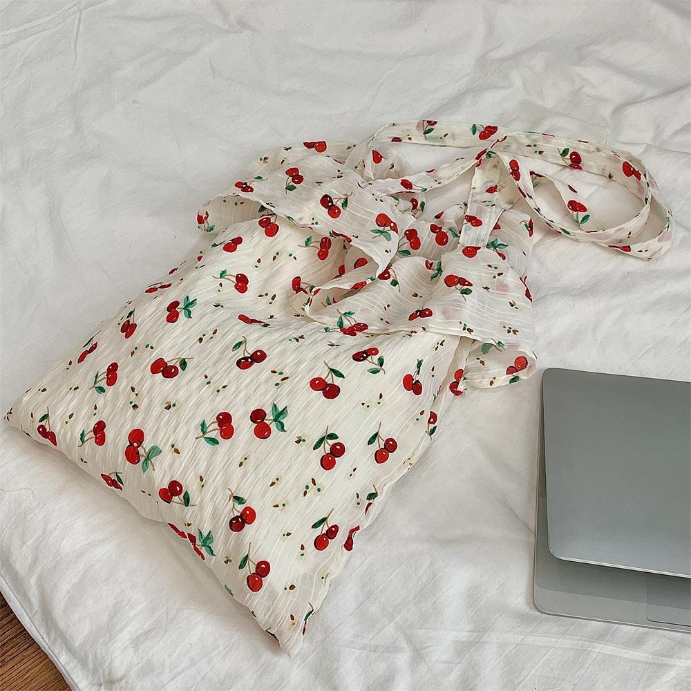 22 spring and summer new chiffon ruffle edge shoulder bag cute cherry canvas bag large capacity portable tote bag