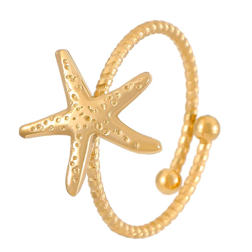 Stainless Steel Starfish & Seashell Open Ring - Ocean Holiday Style Jewelry for Women