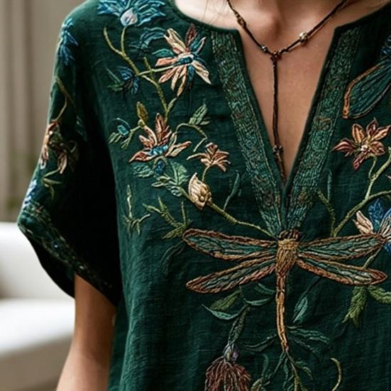 Damenhemd V-Ausschnitt Kurzarm Einfarbig Lockerer Schnitt Pullover Oberteile Stickerei Blumenmuster Sommer Oberteile Täglich