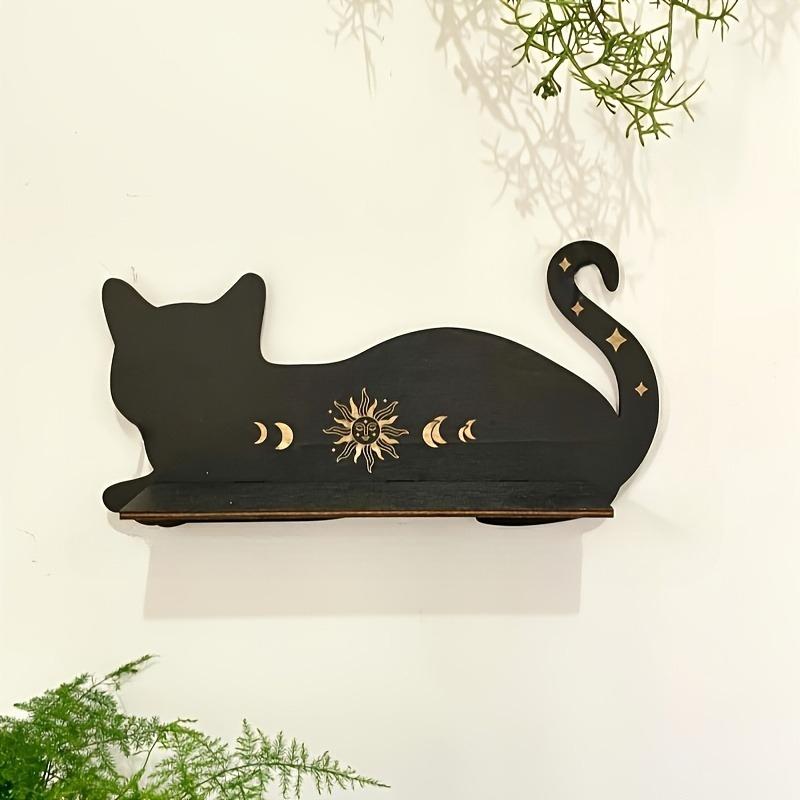 Estante de madera con forma de gato negro, estante flotante con fases lunares, soporte para cristales de chakras, soporte de exhibición de piedra, decoración de pared, decoraciones para el hogar de brujas