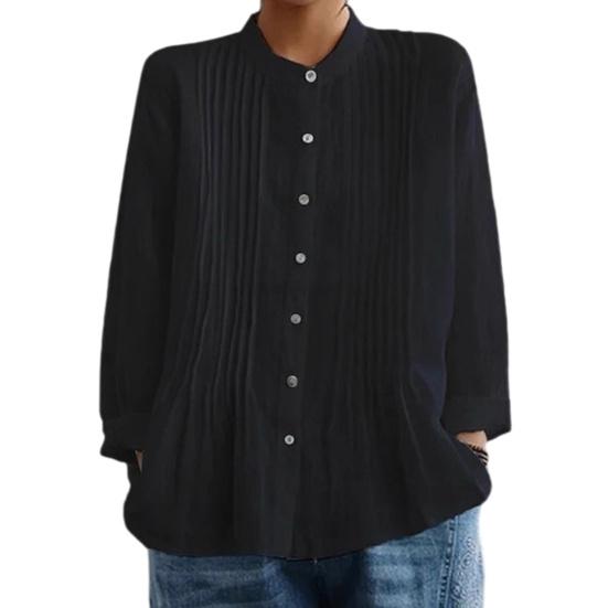 Women Shirt Pure Color Stand Collar Long Sleeve Single-Breasted Button Casual Tops Work