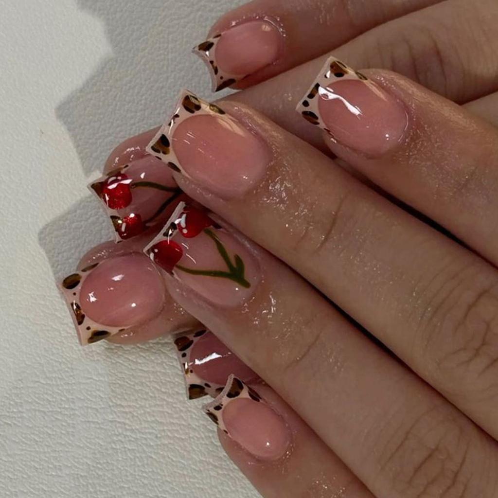 24x Leopard Print False Nail Fruit Artificial Nail French Tip Full Cover Stick On Nail Glossy Press On Nail for Woman