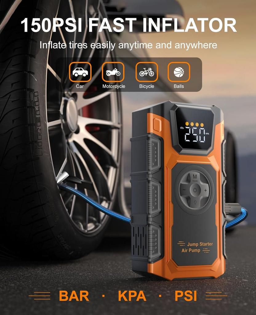 Jump Starter with Air Compressor, 5500A 12V Portable Car Booster Pack, 150 PSI Tire Inflator for Vehicles up to 9.0L Gas Engine