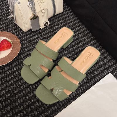 Französische Sandalen mit Blockabsatz Damen Sommer Draußenmode Mittelhoher Absatz Große Größe Mode Ein Wort Pantoletten