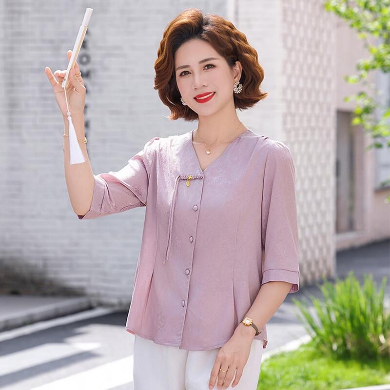 Women s Mid-Age Jacquard V-Neck Summer Blouse 3XL
