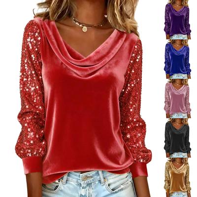 Ladies' Fashionable Casual Pile Collar Sequin Splicing Long Sleeved T-shirt Top
