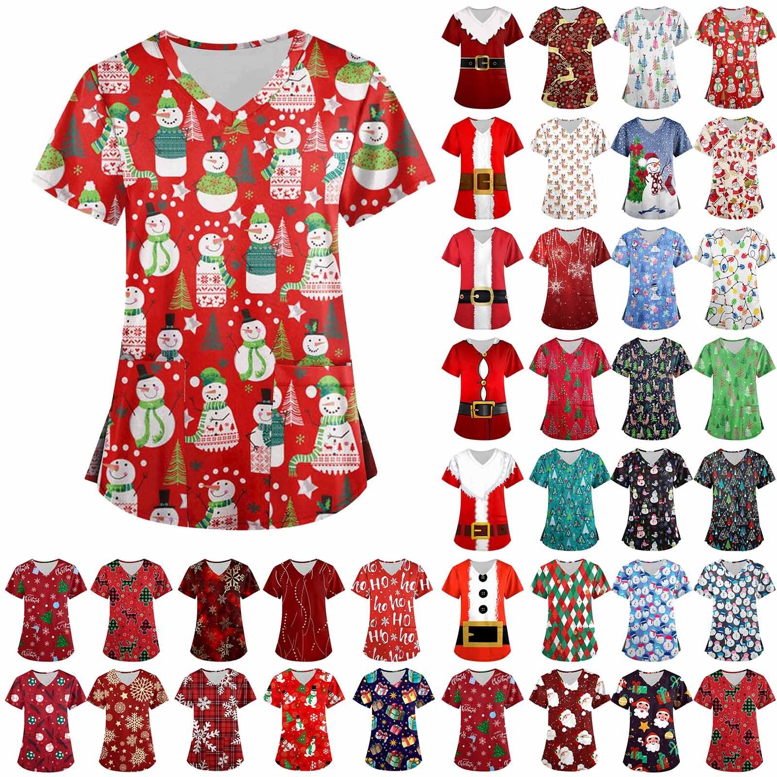 

Женская мода с v-образным вырезом, короткими рукавами и карманами, топы с рождественским принтом L разноцветный