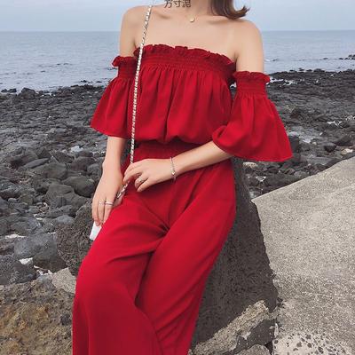 Conjunto de dos piezas de Top corto con cuello oblicuo y hombros descubiertos, pantalones de pierna ancha ajustados de cintura alta, combinables a la moda, primavera y verano