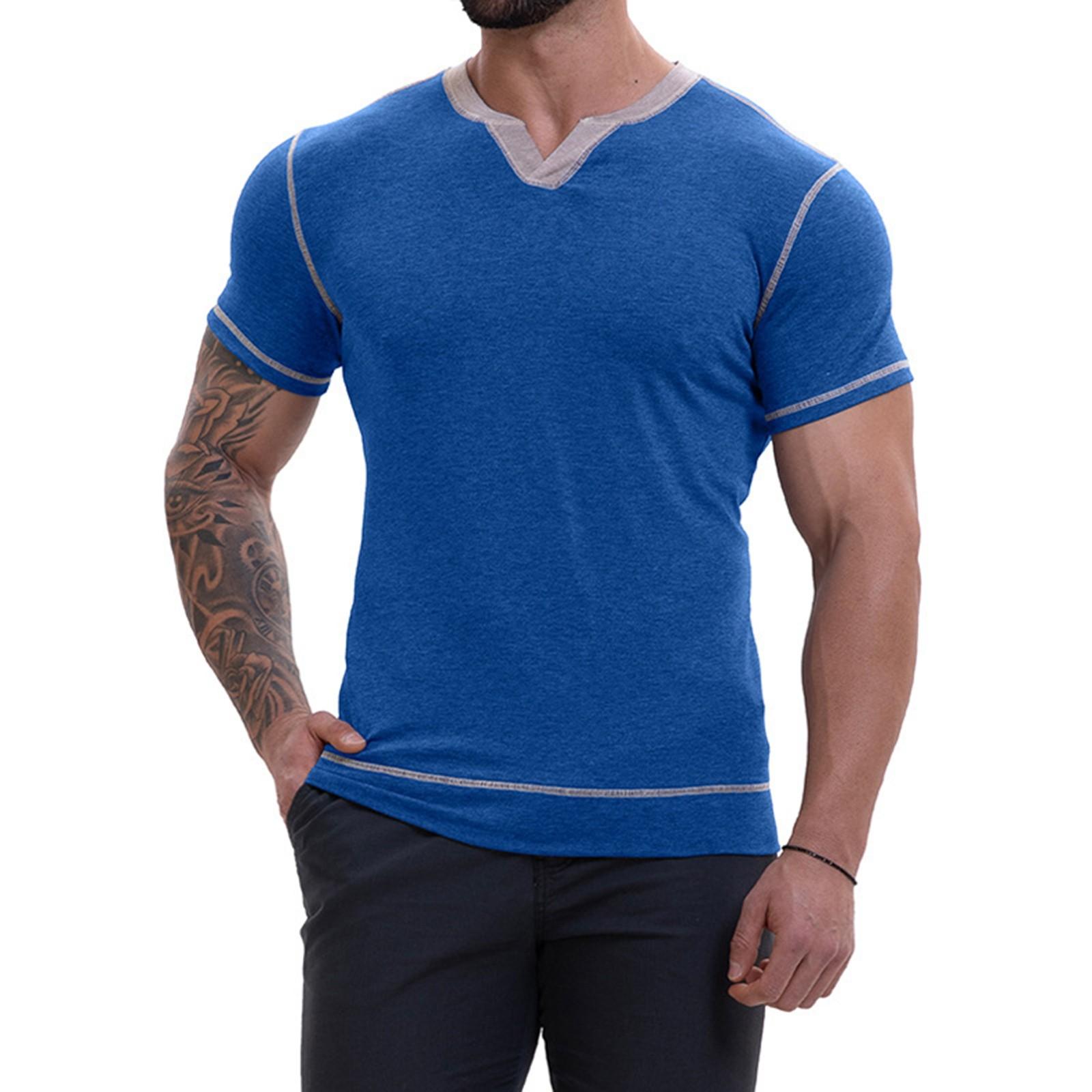 

Men s Spring Solid Color V-Neck Retro Short Sleeve Tops Men s Casual Fashion Tops M синій