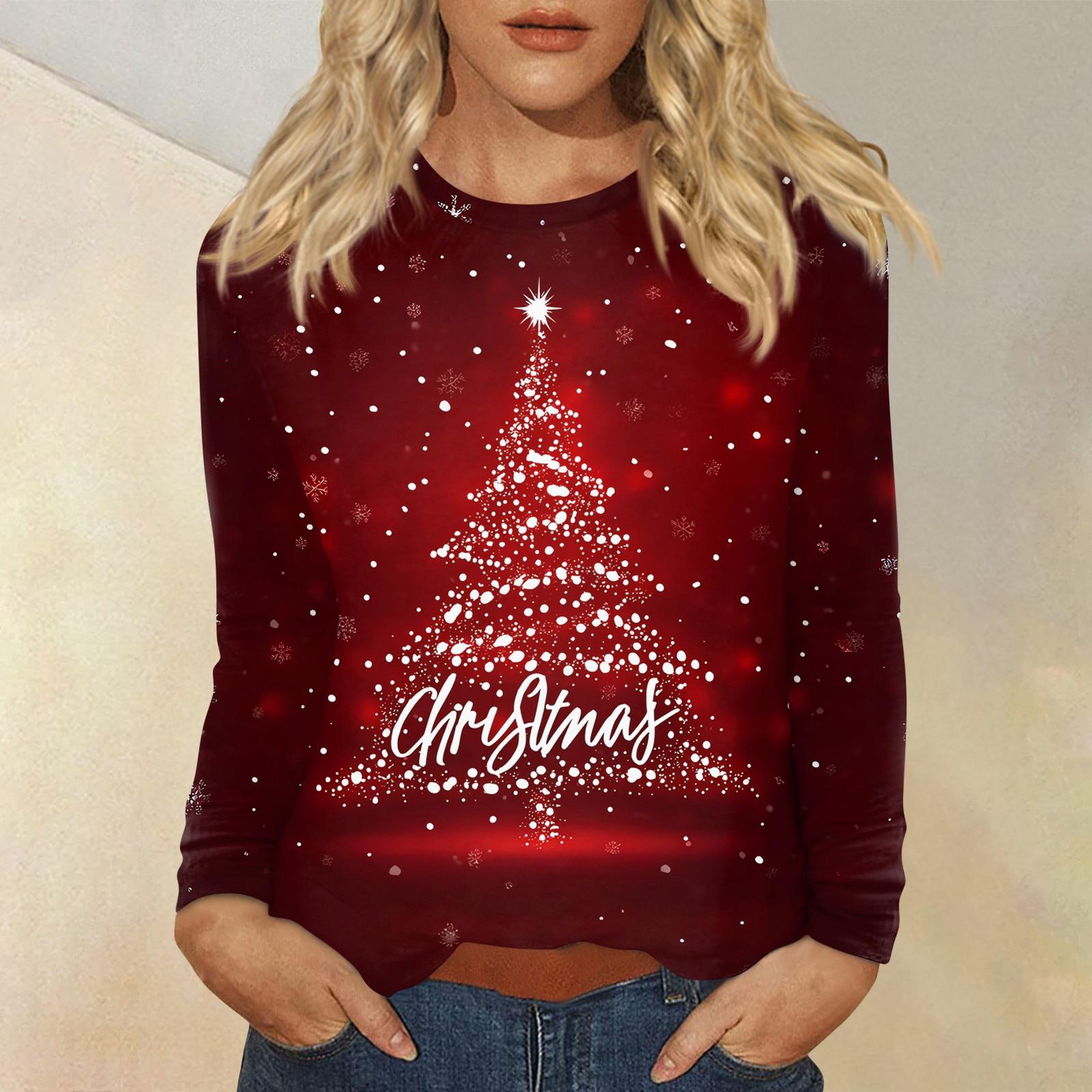 

Женская мода повседневный рождественский принт круглый вырез длинный рукав пуловер топ XL