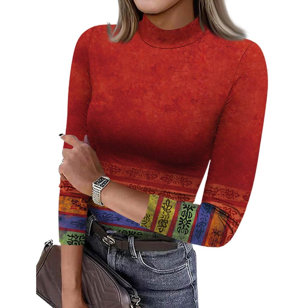 Damen Slim Bottom T-Shirt Mode Lässig Farbverlauf Druck Rundhals Pullover 3/4 Ärmel Top
